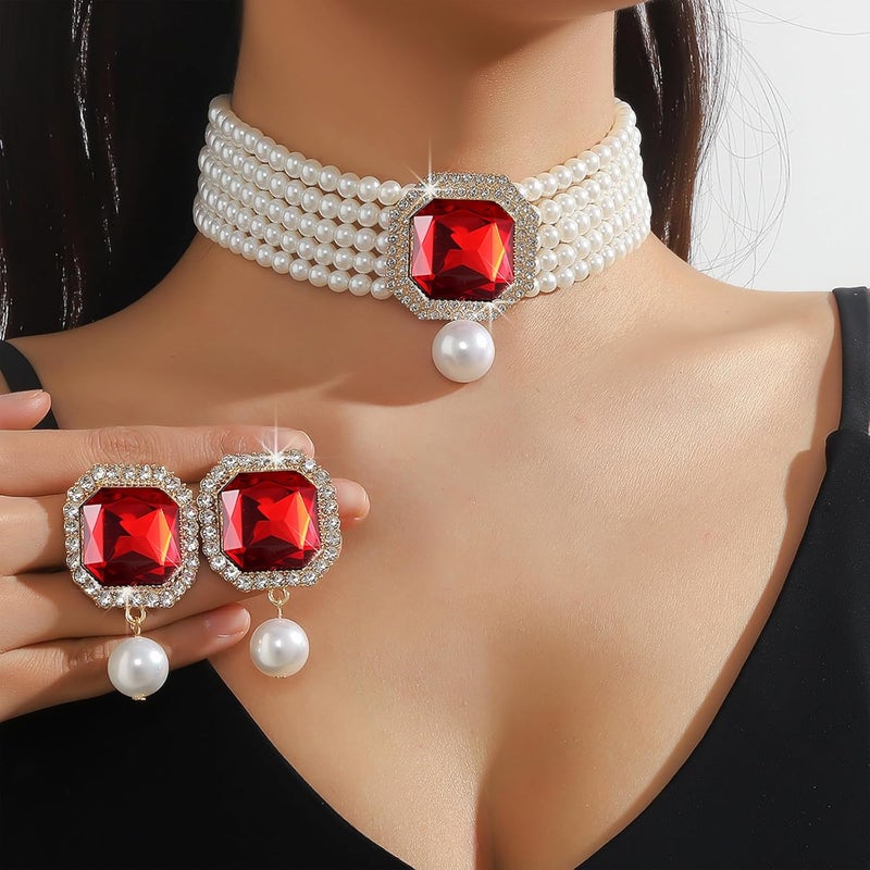 CIOOU Pearl Choker Necklace for Women Gold Crystal Rhinestone Pearl Collar Statement Necklaces Earrings Bridal Pearls Diamond jewelry Set for Wedding - Image 2
